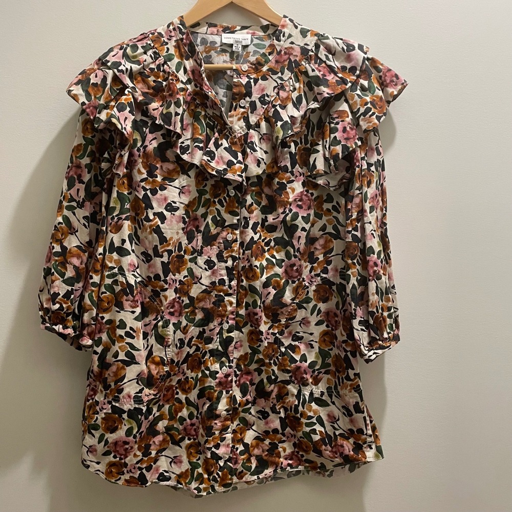 Something Navy Womens Floral Ruffle Button Down Top Cotton Pink Orange Size M